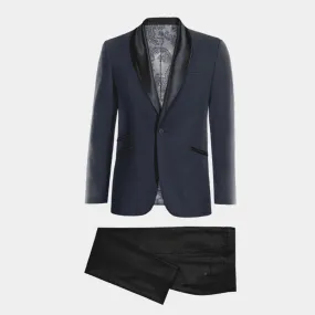 Veste de smoking bleu marine avec larges revers noir et pantalon noir